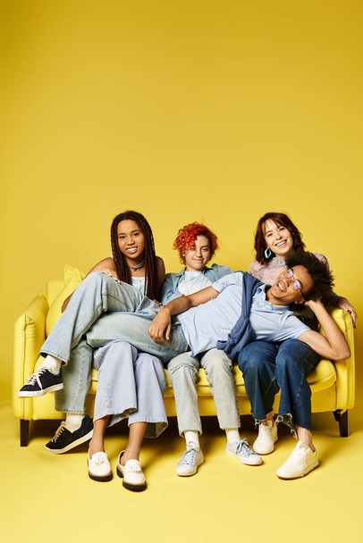 Молоді мультикультурні друзі в стильному вбранні сидять на жовтому дивані, насолоджуючись компанією один одного. - Фото, зображення