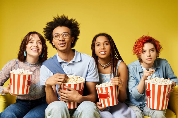 Dicht gedrängt sitzt eine bunte Gruppe von Freunden in angesagten Klamotten und hält Eimer mit Popcorn für einen unterhaltsamen Kinoabend in der Hand.. - Foto, Bild