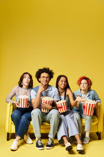 Un grupo diverso de amigos, incluyendo una persona no binaria, viendo películas en un sofá amarillo en un ambiente de estudio. - Foto, imagen