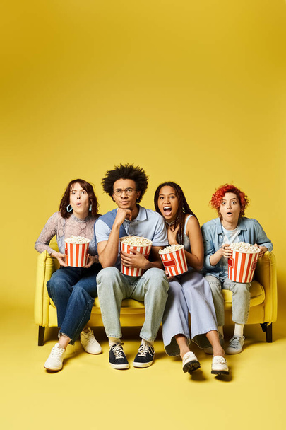 Multikulturelle Freunde in stylischer Kleidung sitzen zusammen auf einer leuchtend gelben Couch und schauen sich Filme an - Foto, Bild