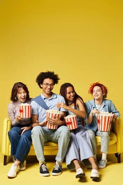 Multicultural group in stylish attire happily sit atop yellow couch in studio setting. - Photo, Image