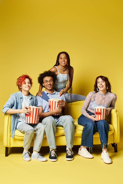 Young multicultural friends, some in stylish attire, relax on top of a vibrant yellow couch in a studio setting. - Photo, Image