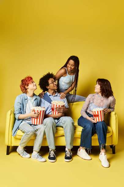 Grupo multicultural en traje elegante sentado y charlando en un sofá de color amarillo brillante en un entorno de estudio. - Foto, imagen