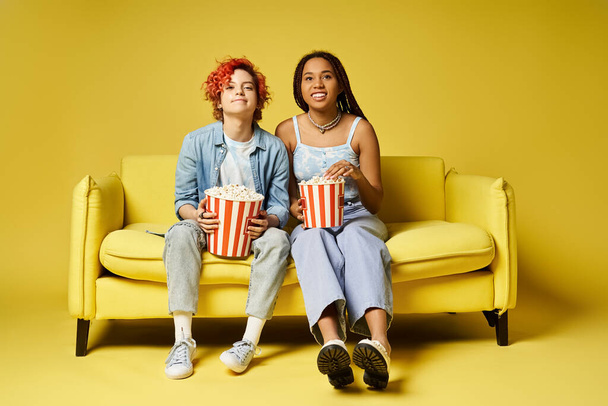 vrienden ontspannen op een gezellige bank, elk met een emmer popcorn, genieten van een leuke filmavond samen in een stijlvolle studio omgeving. - Foto, afbeelding