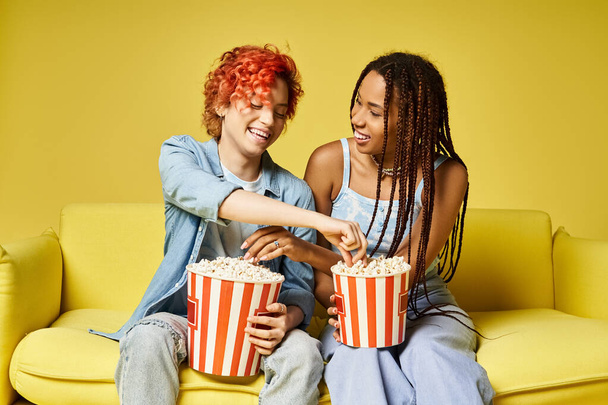 Stílusos fiatal barátok heverésznek egy élénk sárga kanapén együtt, bemutatva a sokszínűséget és a barátságot. - Fotó, kép