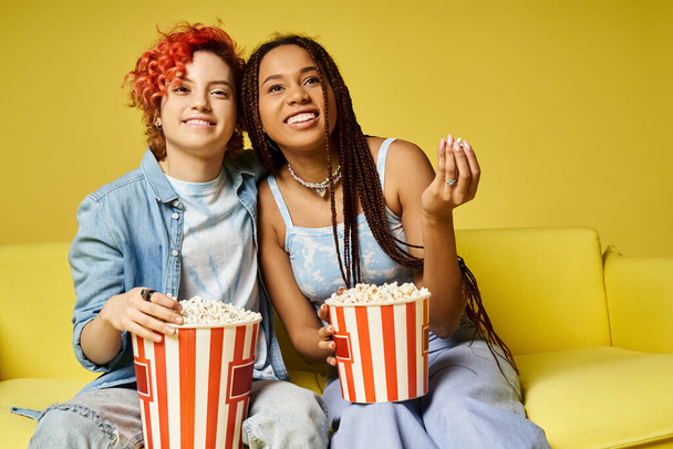 スタイリッシュな服装の2人の若者が一緒に映画の夜を楽しんでいるポップコーンバケツを保持するソファに座っています. - 写真・画像