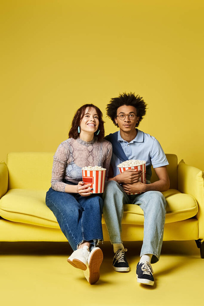 Muž a žena sedící pohodlně na pulzujícím žlutém gauči, sdílející okamžik uvolnění a spojení. - Fotografie, Obrázek