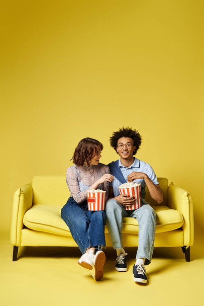 Mies ja nainen istuvat yhdessä keltaisella sohvalla, jakaen rakastavan syleilyn auringonvalaistussa huoneessa.. - Valokuva, kuva