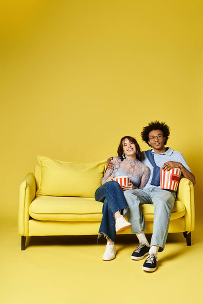 A man and a woman are seated on a vibrant yellow couch, chatting and enjoying each others company in a cozy setting. - Photo, Image