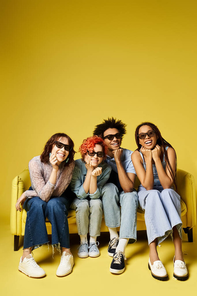 Молоді багатокультурні друзі, в тому числі небінарна особа, сидять на яскравому жовтому дивані в стильній студії. - Фото, зображення
