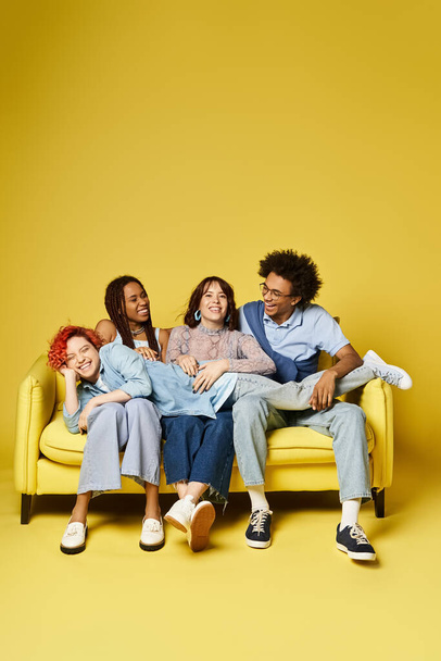 Μια ποικιλόμορφη ομάδα φίλων, συμπεριλαμβανομένου ενός μη δυαδικού ατόμου, που κάθεται άνετα σε ένα φωτεινό κίτρινο καναπέ σε ένα κομψό σκηνικό στούντιο. - Φωτογραφία, εικόνα