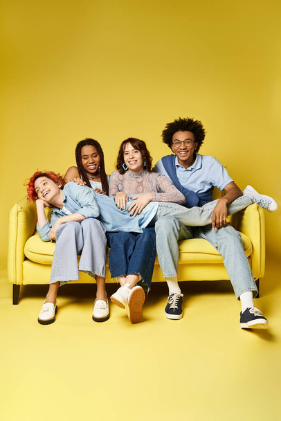 Eine bunte Gruppe junger Freunde in stylischen Outfits lümmelt und plaudert lässig auf einer leuchtend gelben Couch im Studio-Ambiente. - Foto, Bild