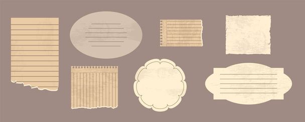Set of vintage notebook sheets in cartoon style. Vector illustration of beautiful vintage leaves in a row and blank of different shapes isolated on a gray-brown background. Sheets for records. - Vector, Image