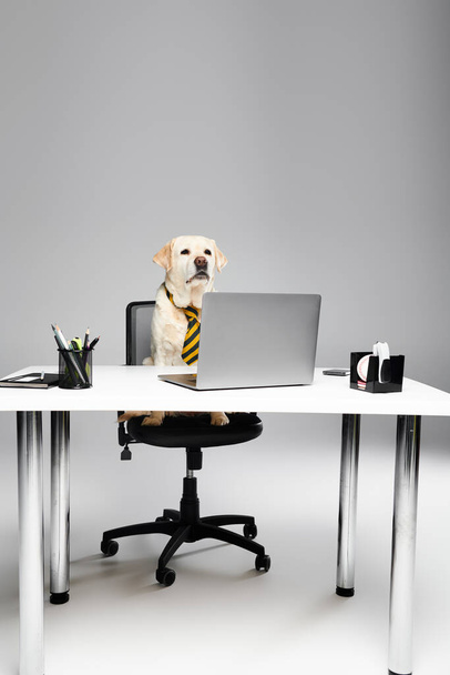 Un cane elegante in cravatta si siede su una scrivania con un computer portatile, trasudando professionalità e raffinatezza.. - Foto, immagini