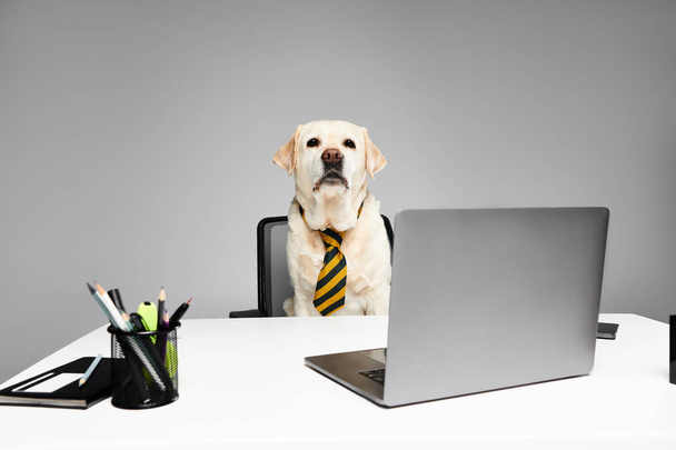 Un perro con corbata se sienta frente a un portátil en un ambiente de estudio, encarnando profesionalidad y enfoque. - Foto, imagen