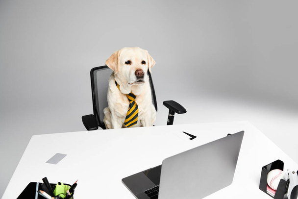 Ένας καλοντυμένος σκύλος κάθεται σε μια καρέκλα γραφείου, αποπνέοντας επαγγελματισμό και κομψότητα.. - Φωτογραφία, εικόνα
