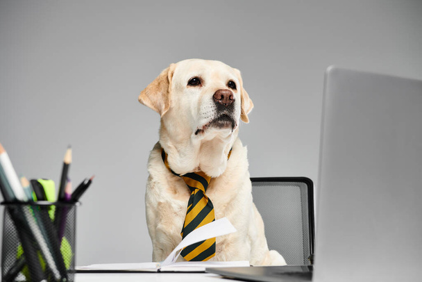 Hyvin pukeutunut koira, jolla on solmio, istuu tarkkaavaisesti kannettavan tietokoneen edessä kotitoimiston asennuksessa.. - Valokuva, kuva