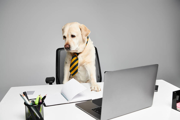 A sophisticated dog wearing a tie sits attentively at a desk in a studio setting, embodying the concept of a furry friend in a domestic setting. - Fotografie, Obrázek