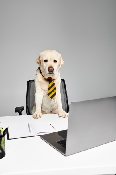 Un cane sofisticato che indossa una cravatta si siede a una scrivania, sembrando essere in pensiero profondo o concentrarsi su un compito a portata di mano. - Foto, immagini