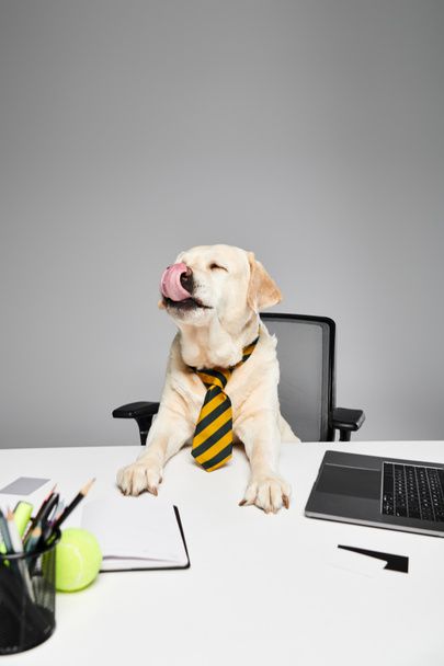 Ein kultivierter Hund mit Krawatte sitzt aufmerksam am Schreibtisch und bringt Charme und Professionalität ins Büro. - Foto, Bild