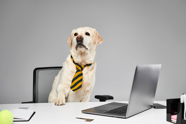 A dog wearing a tie sits in front of a laptop. - Fotó, kép