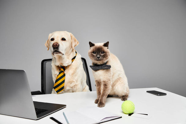 Kissa ja koira istuvat pöydän ääressä, keskustelevat suunnitelmista tai työskentelevät yhdessä studioympäristössä.. - Valokuva, kuva