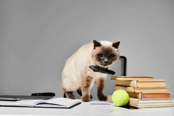 Egy kíváncsi szemű macska elegánsan áll egy íróasztalon egy halom könyv mellett, bölcsességet árasztva és tanulva.. - Fotó, kép