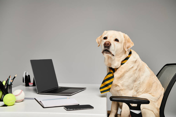 A sophisticated dog, decked out in a tie, sitting elegantly at a desk in a professional setting. - Photo, Image