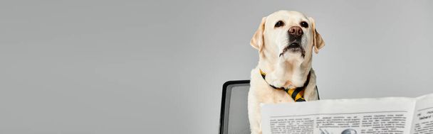 Ένας σκύλος κάθεται στην κορυφή ενός γραφείου υπολογιστών δίπλα σε μια εφημερίδα, παρατηρώντας τον κόσμο με περιέργεια και συντροφικότητα.. - Φωτογραφία, εικόνα