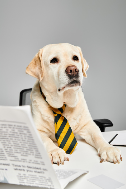 Pies ubrany w krawat siedzi przy biurku, wyglądając profesjonalnie i gotowy do pracy w studio. - Zdjęcie, obraz
