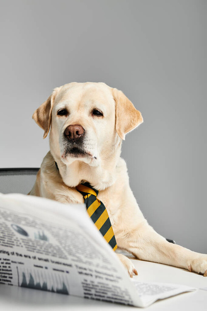 A sophisticated dog wearing a tie, sitting upright, and reading a newspaper in a studio setting. - Foto, Imagen