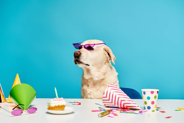 Ένα μοδάτο σκυλί που φοράει γυαλιά ηλίου κάθεται σε ένα τραπέζι περιτριγυρισμένο από κεκάκια. - Φωτογραφία, εικόνα