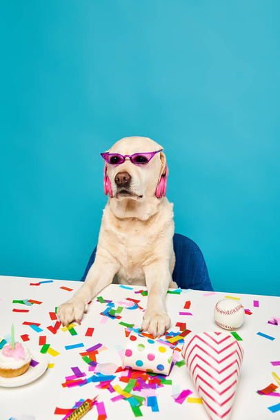 Ένας σκύλος που φοράει γυαλιά ηλίου κάθεται σε ένα τραπέζι περικυκλωμένος από κομφετί και κεκάκια.. - Φωτογραφία, εικόνα