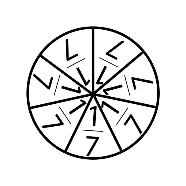 Fractie een-zevende in een cirkel teken. De cirkel is verdeeld in zeven delen - Vector, afbeelding