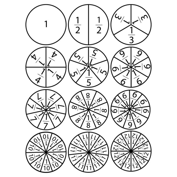 Fracties, wiskundeonderwijs. Een cirkel verdeeld in delen van 1 tot 1 twaalfde icoon - Vector, afbeelding