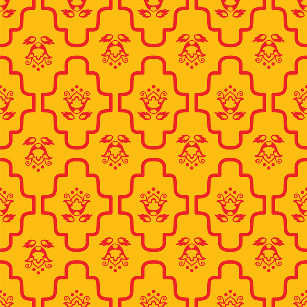 Abstract seamless pattern, background with decorative flowers and braided mesh ornament. Diaper pattern vector illustration in yellow, red colors. Decorative modular border vector background. - Vector, Image