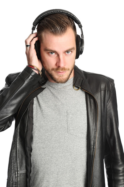 Fashionable DJ in leather jacket - 写真・画像