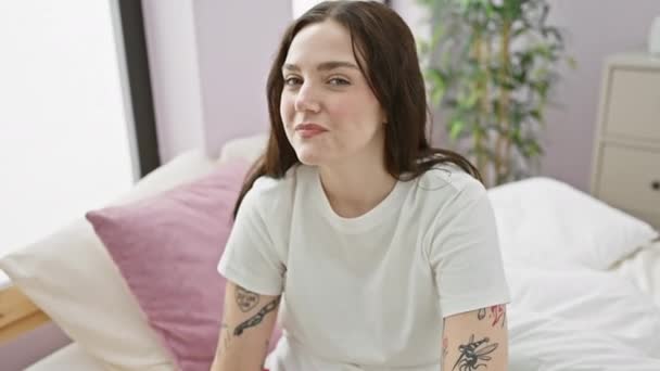 Vrolijke jonge vrouw slaapkamer portret, het dragen van een pyjama, zitten op bed glimlachen met een positieve gloed, succes vinger-oke teken toe te voegen vertrouwen en plezier - Video