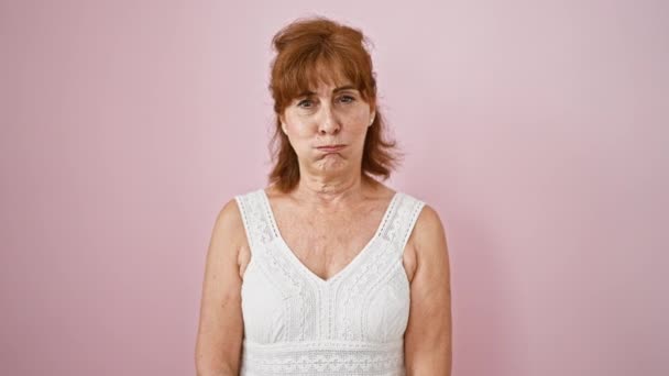Vidám középkorú nő áll, ruha, puffadt arc, hogy vicces arc felett rózsaszín elszigetelt háttér - Felvétel, videó