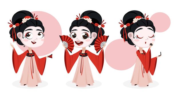 Ilustración vectorial de linda y hermosa chica en kimono en estilo de dibujos animado.Personajes encantadores de una chica en un traje japonés con diferentes emociones: cantar, abanicar, aplicar maquillaje. - Vector, Imagen