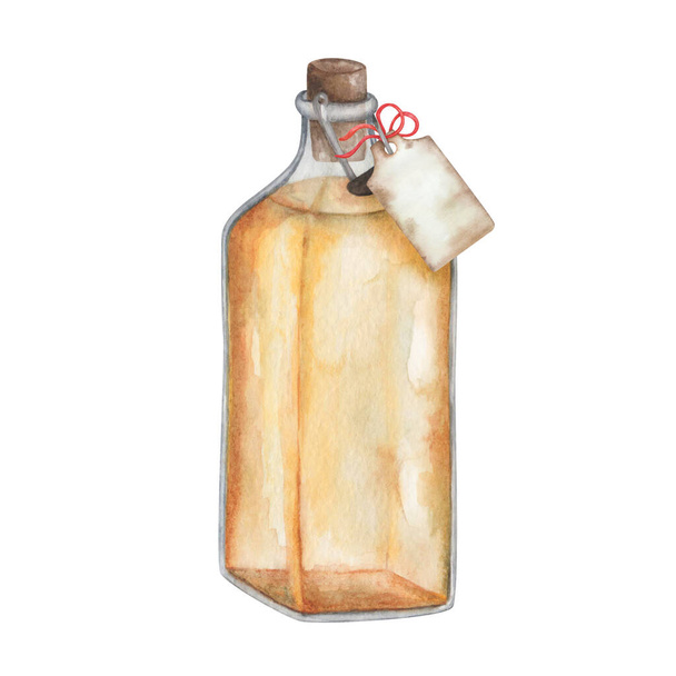 Suluboya çizimi. Elle boyanmış zeytinyağı. Mantarlı şeffaf cam kare şişe. Sarı sıvı. Kağıt etiket, kurdeleli etiket. Boş şablon. Ayçiçeği yağı. Portakal suyu. İzole klipsli sanat - Fotoğraf, Görsel