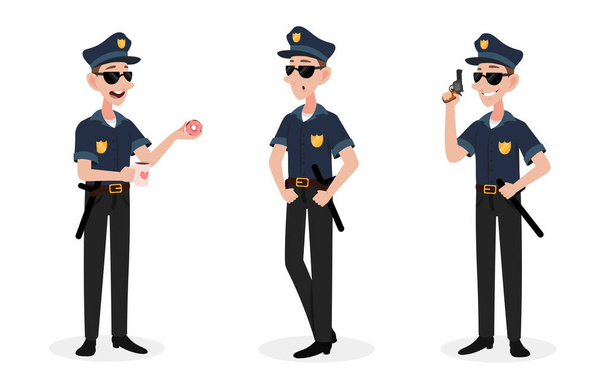 Beyaz arka planda izole edilmiş yakışıklı bir polisin vektör çizimi. Gözlüklü ve üniformalı, farklı duyguları olan ve çizgi film tarzında poz veren çekici polis karakterleri.. - Vektör, Görsel