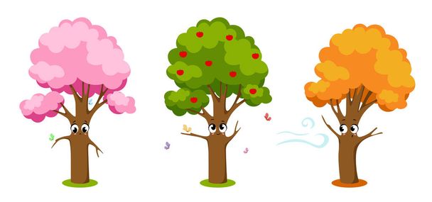 Ilustración vectorial de árboles lindos y hermosos de las estaciones sobre fondo blanco. Personajes encantadores del árbol: primavera floreciente, árbol de verano con manzanas, mariposas, árbol de otoño con hojas caídas. - Vector, Imagen
