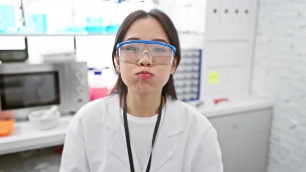 Fiatal, vicces arcú kínai női tudós a laborban, puffadt arccal. Őrült kifejezés, ahogy levegőt tart a puffadt szájában. fehér köpenyt visel, szórakoztató grimaszt csinál. - Felvétel, videó