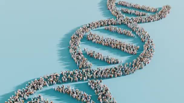 Δομή διπλής έλικας DNA αποτελούμενη από ποικίλες ανθρώπινες φιγούρες σε γαλάζιο φόντο. - Πλάνα, βίντεο