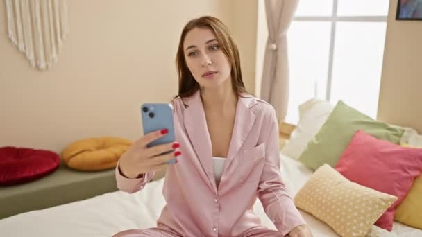 Νεαρή μελαχρινή γυναίκα με ροζ πιτζάμες χρησιμοποιώντας smartphone στο κρεβάτι με πολύχρωμα μαξιλάρια σε ένα φωτεινό υπνοδωμάτιο. - Πλάνα, βίντεο