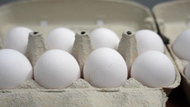 Πακέτα με λευκά αυγά κότας. Λευκά αυγά κότας σε συσκευασία close-up. - Πλάνα, βίντεο