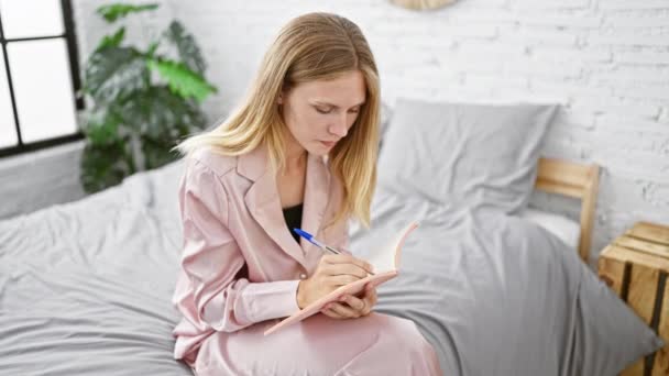 Kontemplacyjna młoda kobieta pisząca w notatniku na łóżku w jasnej, przytulnej sypialni - Materiał filmowy, wideo