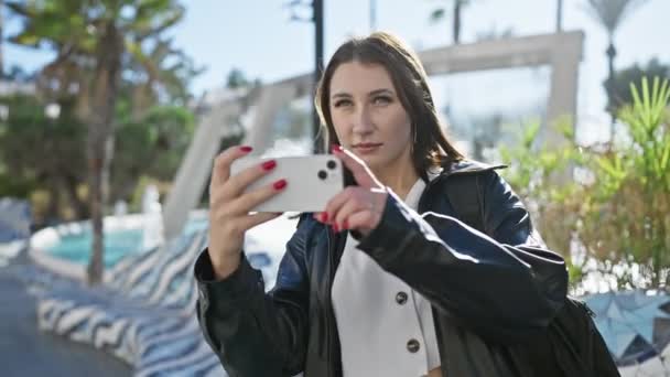 Kaukázusi nő csinál szelfi okostelefonnal a napos városi utcán - Felvétel, videó