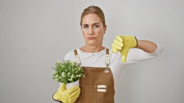 Zdenerwowany blondynka w średnim wieku kwiaciarnia pokazując kciuki w dół z doniczki roślin w rękach, wyrażając odrzucenie i niezadowolenie na odizolowanym białym tle - Materiał filmowy, wideo